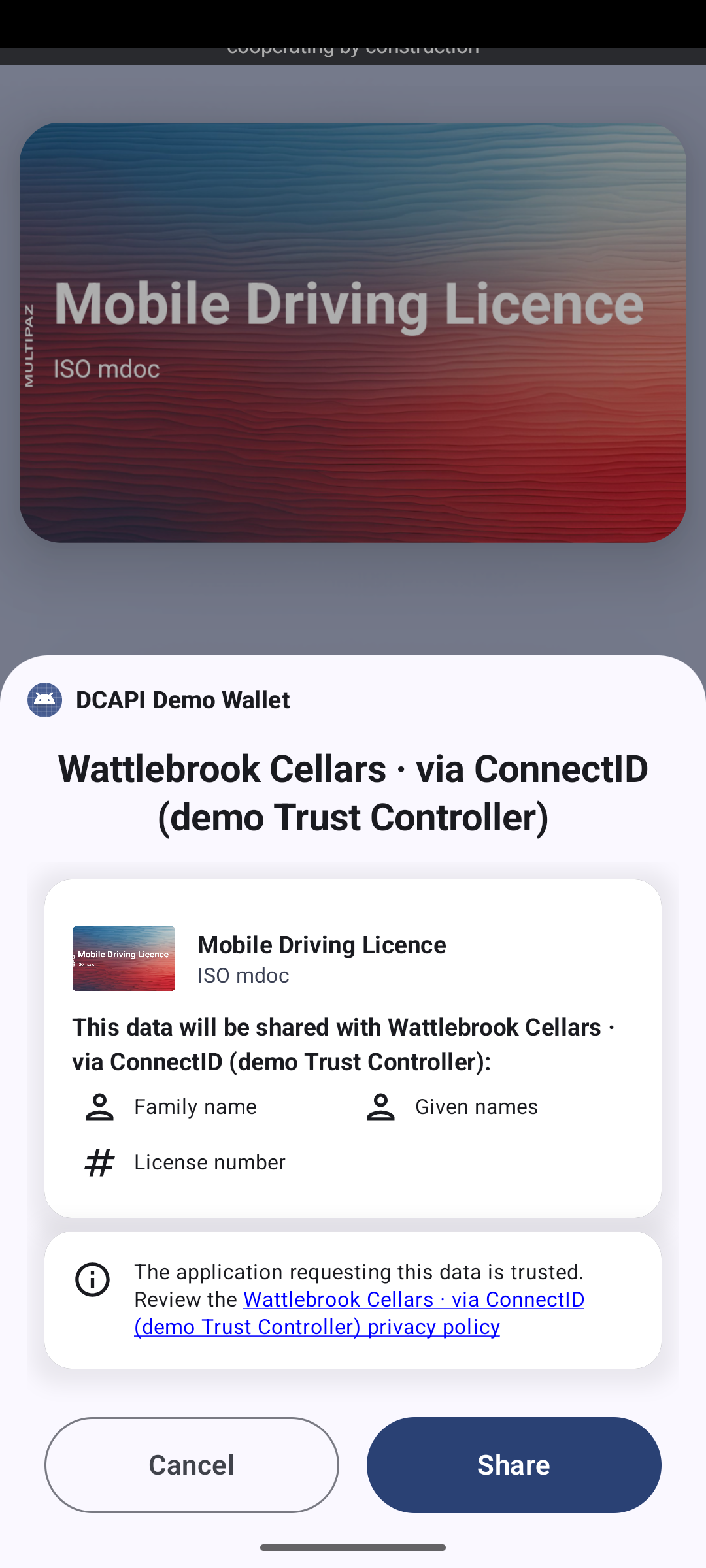 Android wallet consent sheet headed 'Wattlebrook Cellars · via ConnectID (demo Trust Controller)', listing the same three claims, with a note that the application requesting this data is trusted